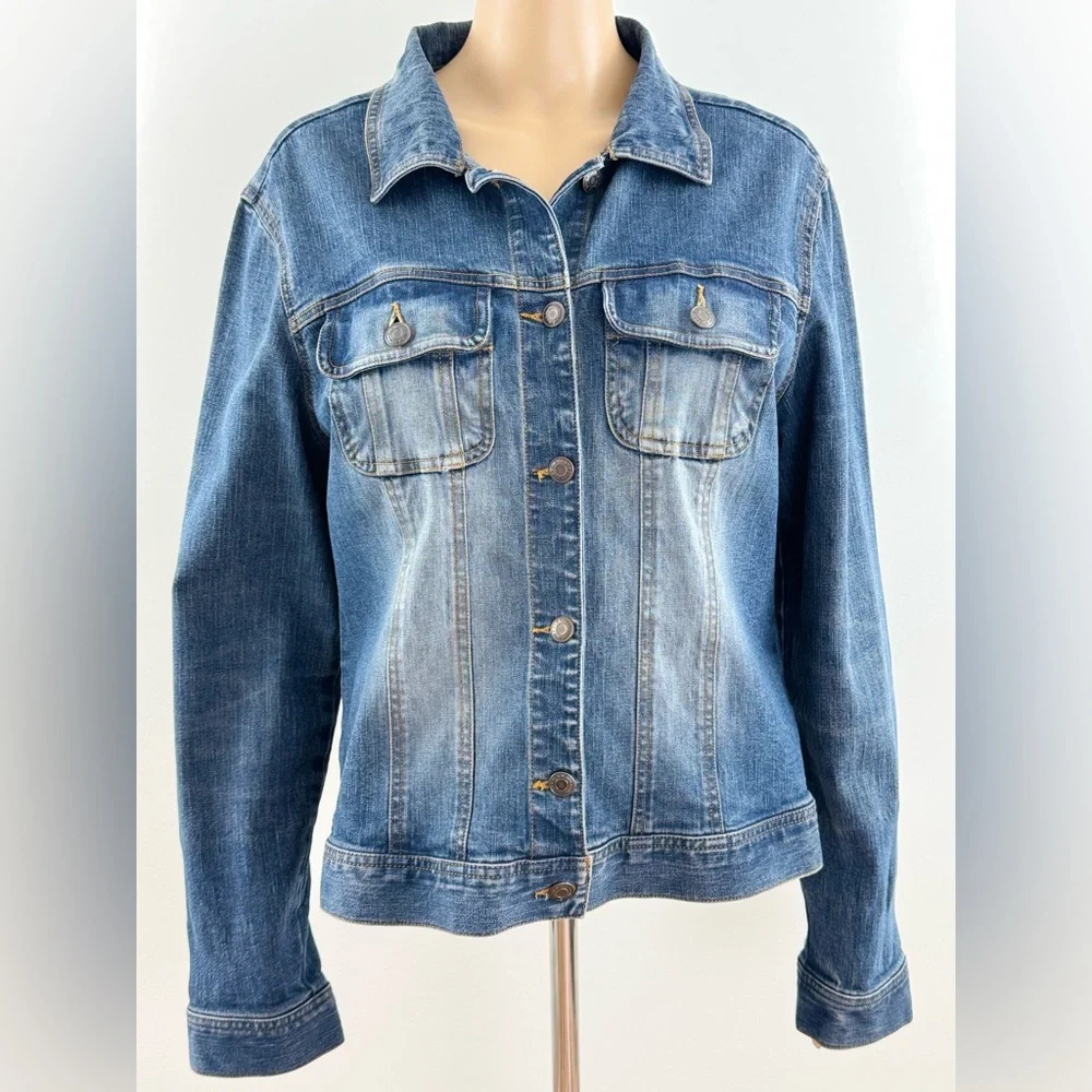 Old Navy Medium Washed Cropped Stretch Denim Trucker's Jacket, Women's Size L - Picture 1 of 13